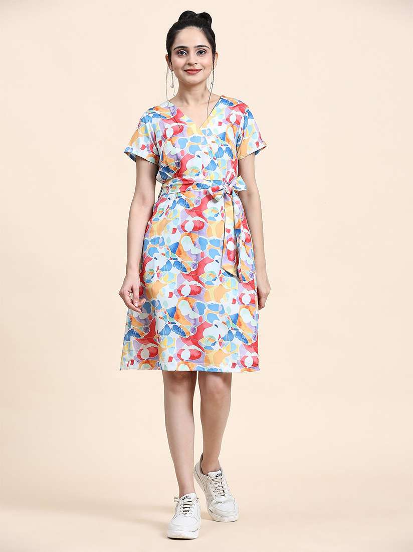 Buy BAESD Abstract Printed V-Neck Scuba Fit Flare Dress With