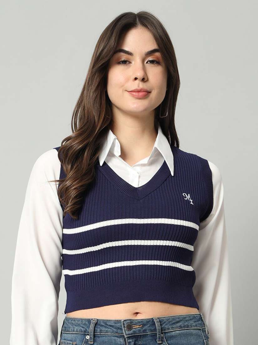 Buy BROOWL Striped Cropped Woollen Shirt With Attached Sweater Sweaters for Women 26644100 Myntra