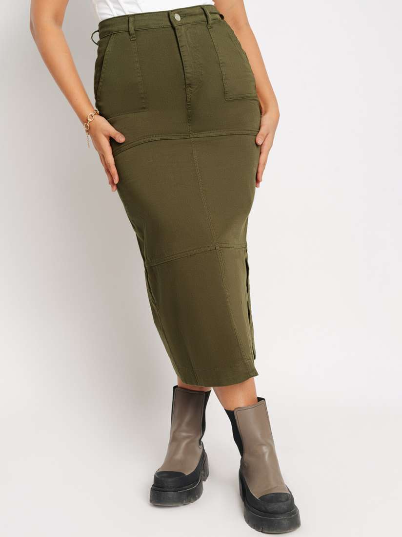 Buy FREAKINS Olive Green Pure Cotton Pencil Midi Skirts Skirts for Women 26650282 Myntra