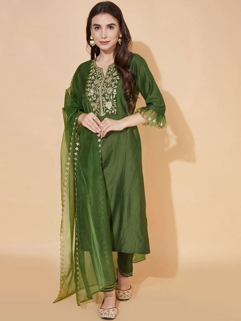 Buy KALINI Floral Thread Work Notch Neck Bell Sleeves Yoke Design Kurti With Pant Dupatta Kurta Sets for Women 26689566 Myntra