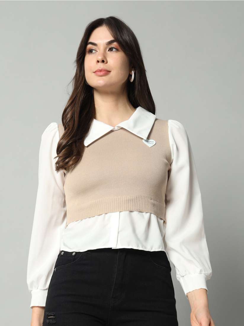 Sweater with shirt collar attached womens outlet