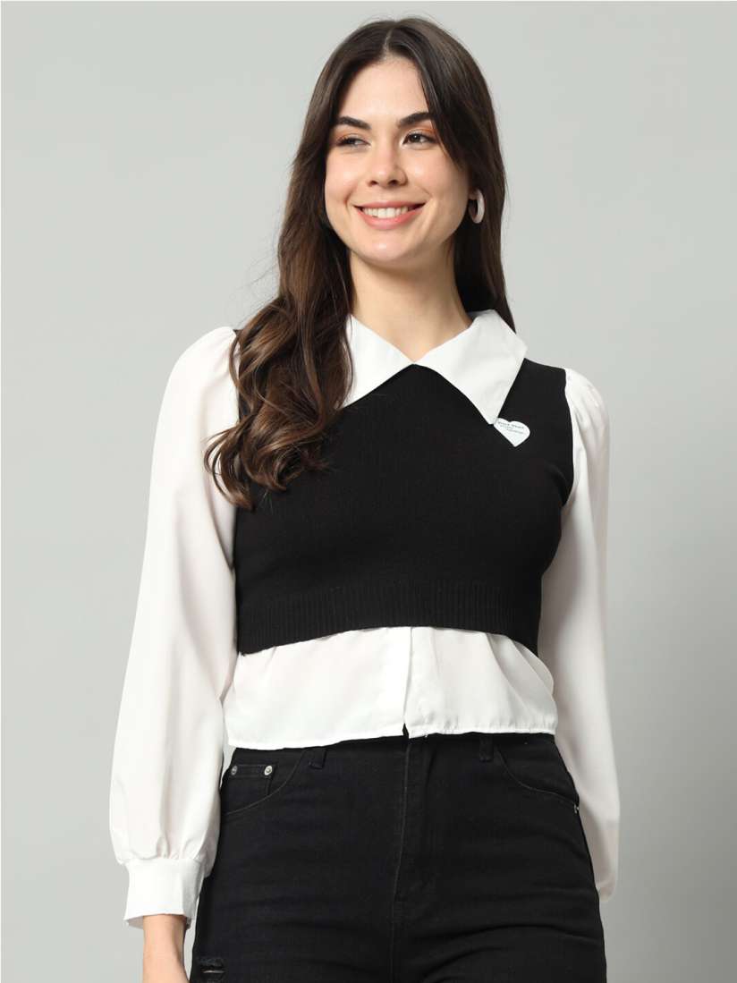 Buy BROOWL Shirt Collar Woollen Shirt With Attached Sweater Sweaters for Women 26698868 Myntra
