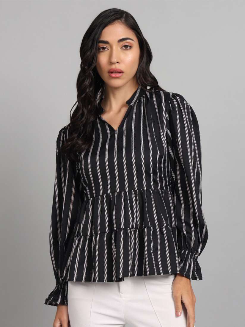 Buy The Dry State Black White Striped Bishop Sleeves Peplum Top Tops for Women 26720874 Myntra