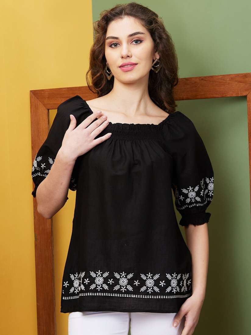 Buy Globus Black Embroidered Gathered Square Neck Tunic - Tunics for Women  26721468 | Myntra
