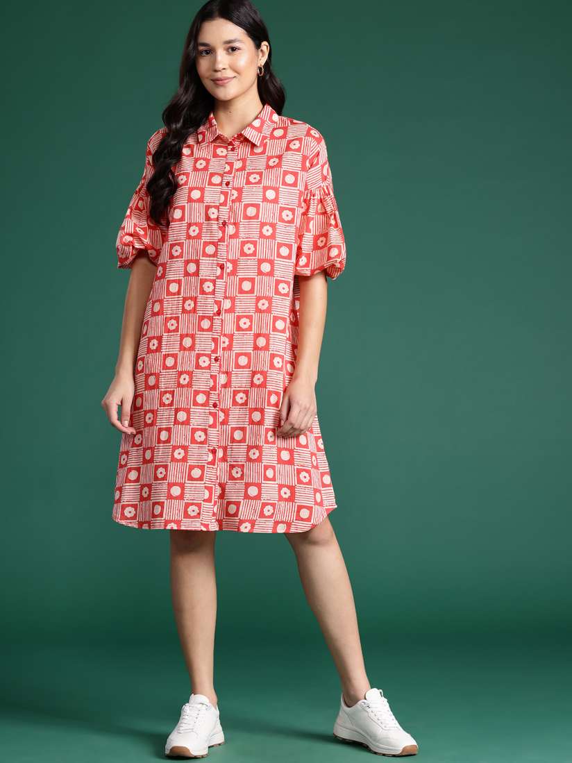 Buy DressBerry Printed Puff Sleeve Pure Cotton Shirt Dress Dresses for Women 26726894 Myntra