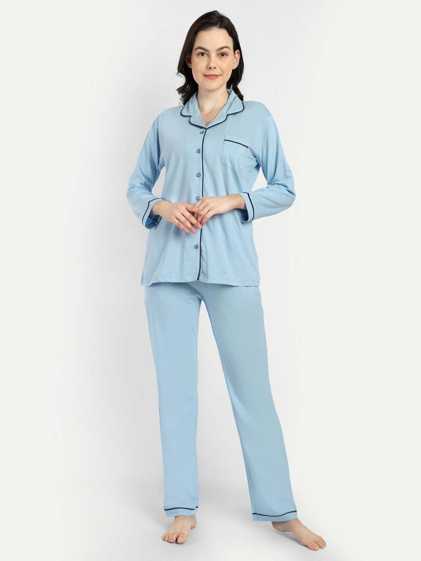 Buy Bedtime story Lapel Collar Pure Cotton Shirt With Pyjamas Night suits for Women 26730158 Myntra