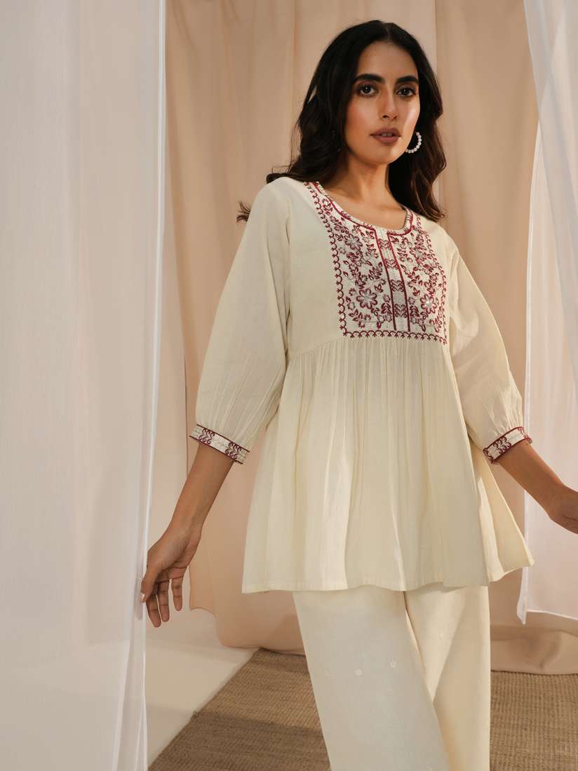 Buy Libas Floral Yoke Design Sequinned Pure Cotton Puff Sleeves Pleated Kurti Kurtis for Women 26738532 Myntra
