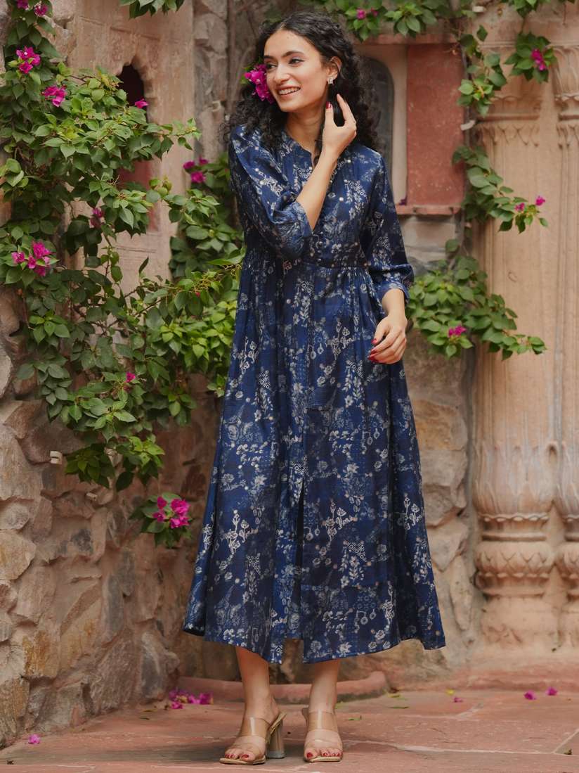 Buy Libas Floral Print Band Collar Puff Sleeve Gathered Or Pleated Silk Fit Flare Maxi Dress Dresses for Women 26738556 Myntra