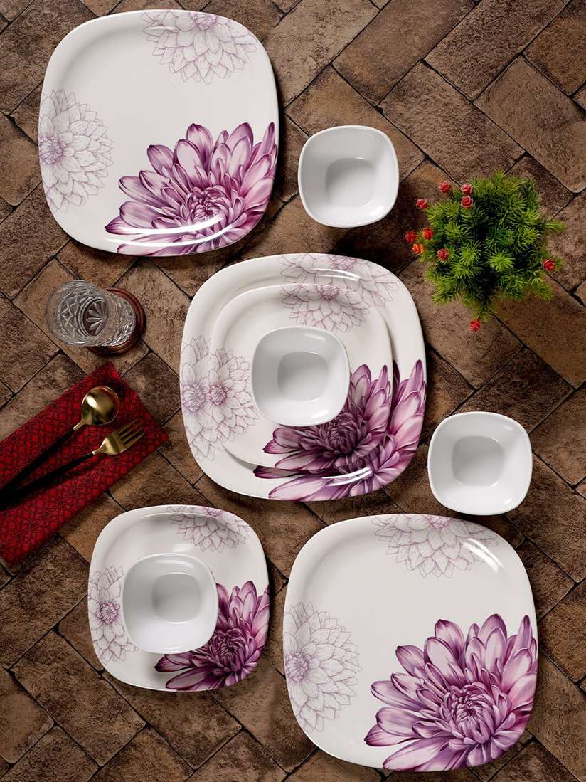 Square Melamine Dinner Set Elegant White Pink Flowers Dinner Set