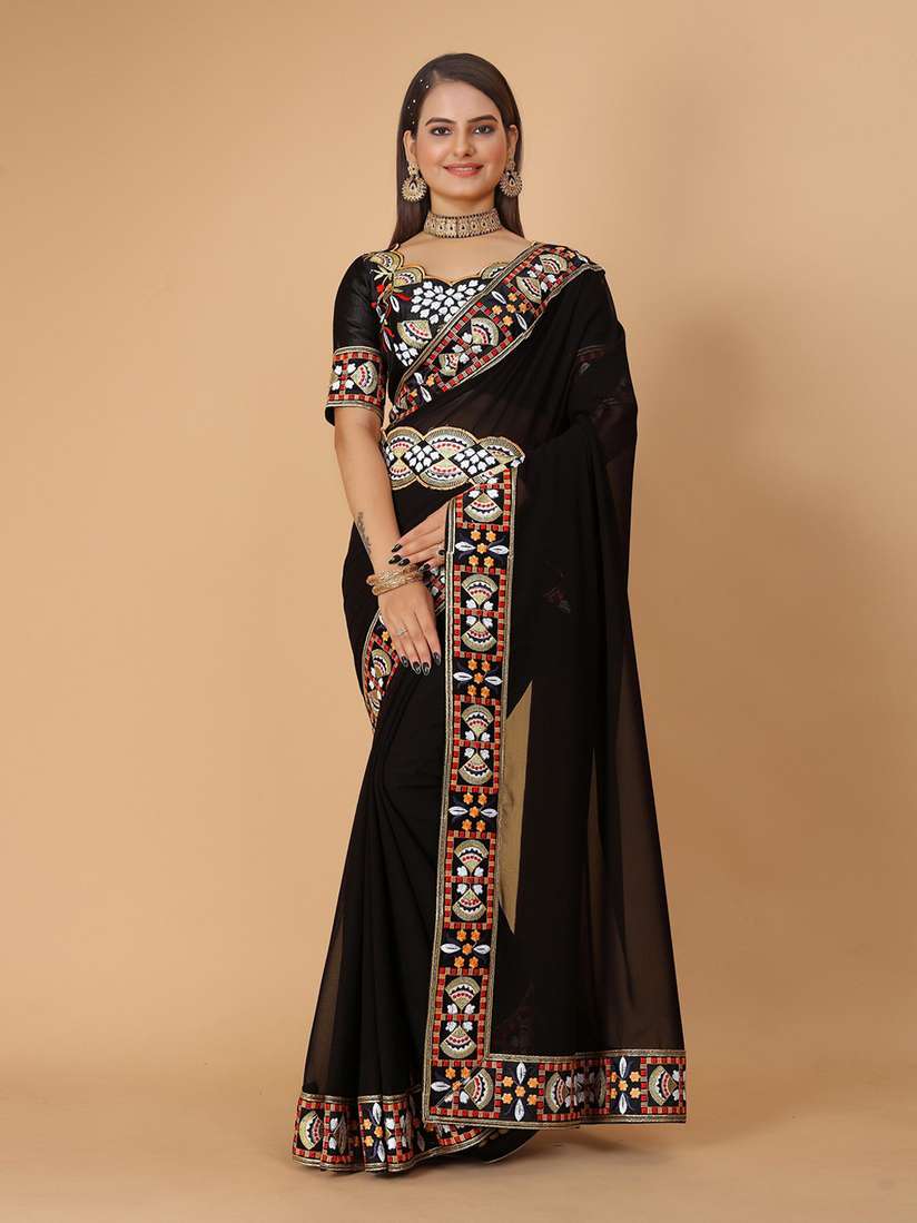 Buy DRIZOMIZ Embroidered Pure Georgette Ikat Saree With Waist Belt