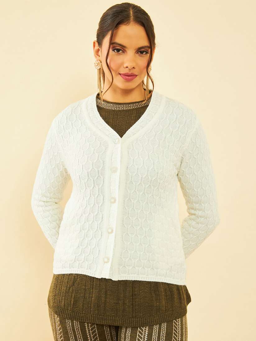 White Woolen Long Sweater For Ladies Women Woolen Full Zipper