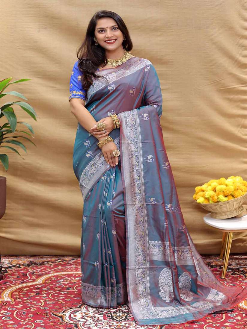 Buy Mitera Grey Silver Toned Ethnic Motifs Woven Design Zari Art Silk Saree Sarees for Women 26800646 Myntra