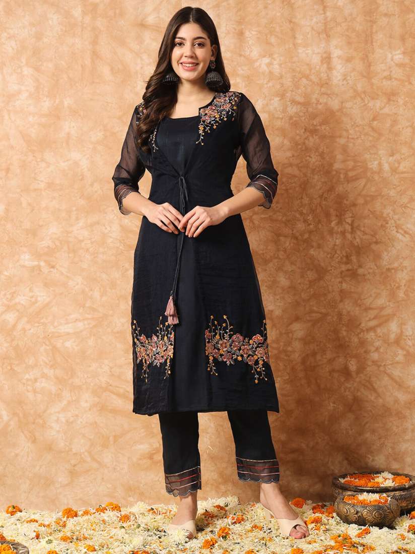 Buy KALINI Floral Embroidered Layered A Line Kurta with Trousers Jacket Kurta Sets for Women 26855896 Myntra