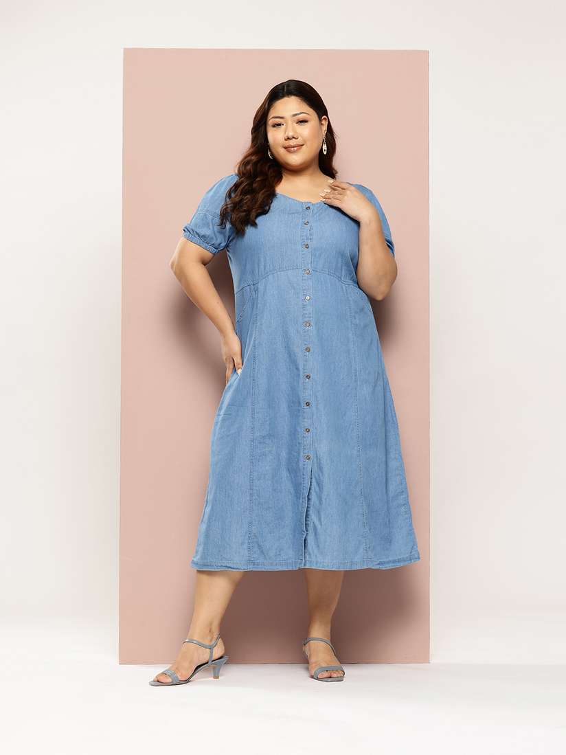 Buy Sztori Plus Size Pure Cotton Chambray Shirt-style Dress