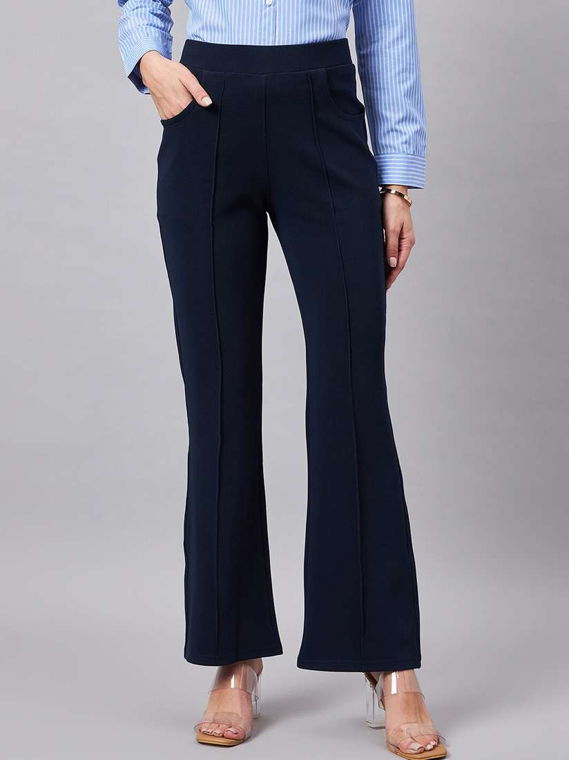 Buy Style Quotient Women Navy Blue Smart Mid-Rise Flared Bootcut Trousers -  Trousers for Women 26901068 | Myntra