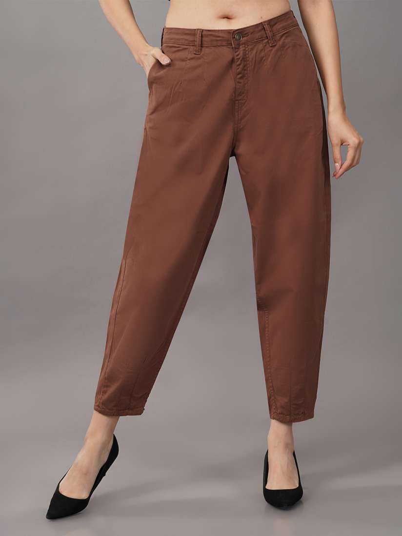 Buy DressBerry Women Brown Mom Fit Button High Rise Cropped Cigarette Trousers Trousers for Women 26904746 Myntra