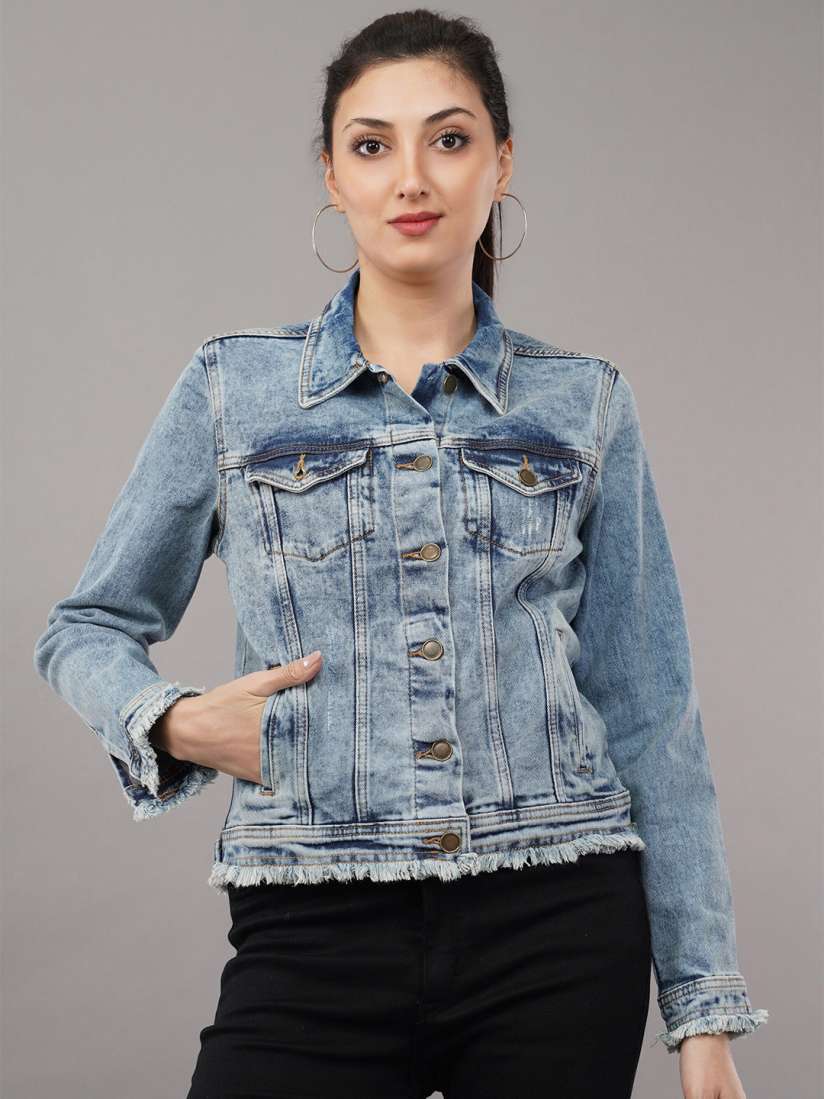 Buy DressBerry Blue Washed Spread Collar Cotton Denim Jacket Jackets for Women 26904752 Myntra