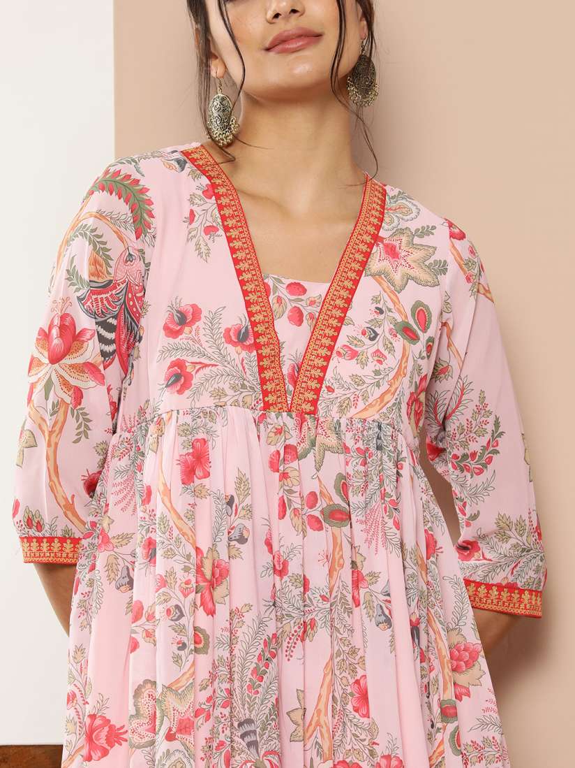 Buy Ahalyaa Pink Floral Printed Pleated Anarkali Kurta With Palazzo Kurta Sets for Women 26912488 Myntra