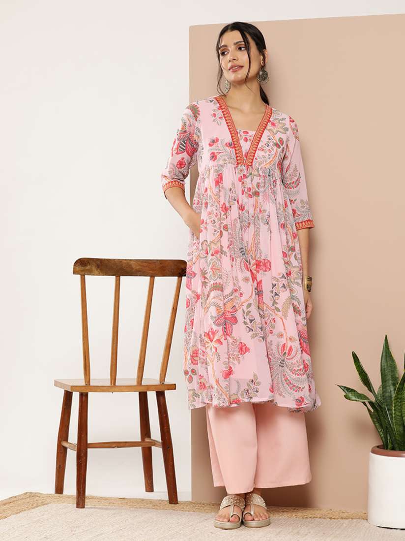 Buy Ahalyaa Pink Floral Printed Pleated Anarkali Kurta With Palazzo Kurta Sets for Women 26912488 Myntra