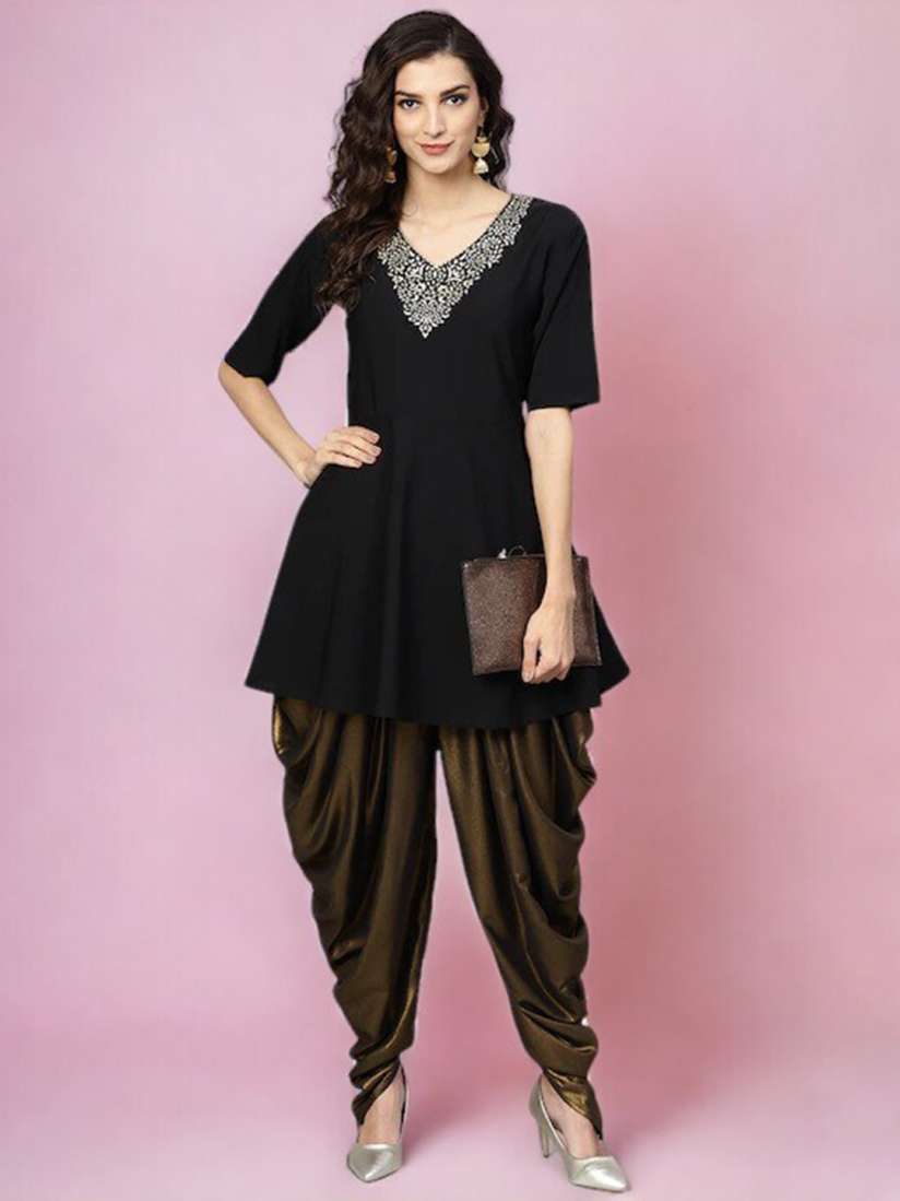 Buy Ahalyaa Black Floral Yoke Design A Line Kurti With Dhoti Pant Kurta Sets for Women 26912552 Myntra