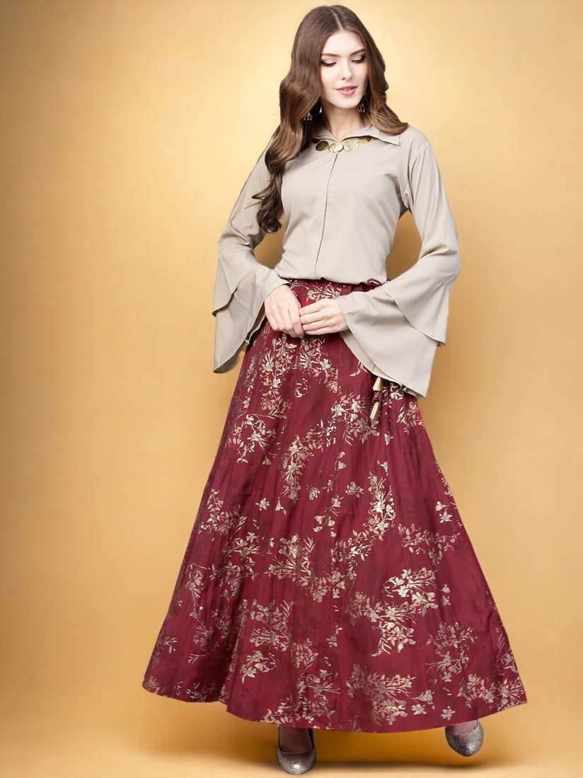 Buy Ahalyaa Beige Shirt Collar Long Sleeves Shirt With Flared Skirt Co Ords for Women 26931796 Myntra