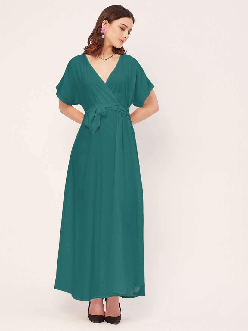 Buy Moomaya V Neck Short Sleeves Fit Flare Maxi Wrap Dress
