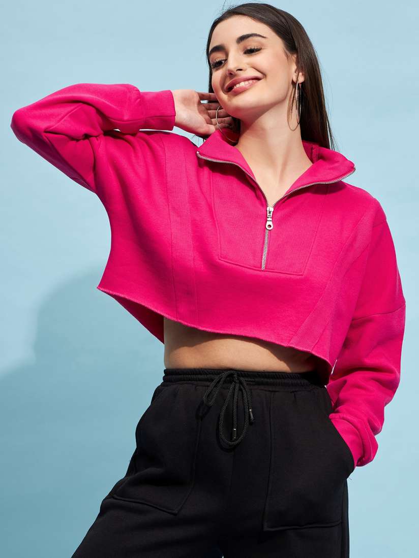 Buy STREET 9 Fuchsia Mock Collar Pure Cotton Crop Sweatshirt Sweatshirts for Women 26998590 Myntra