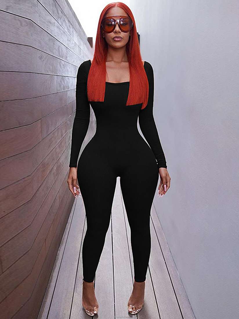 Buy LULU SKY Square Neck Long Sleeves Lace-Up Basic Jumpsuit