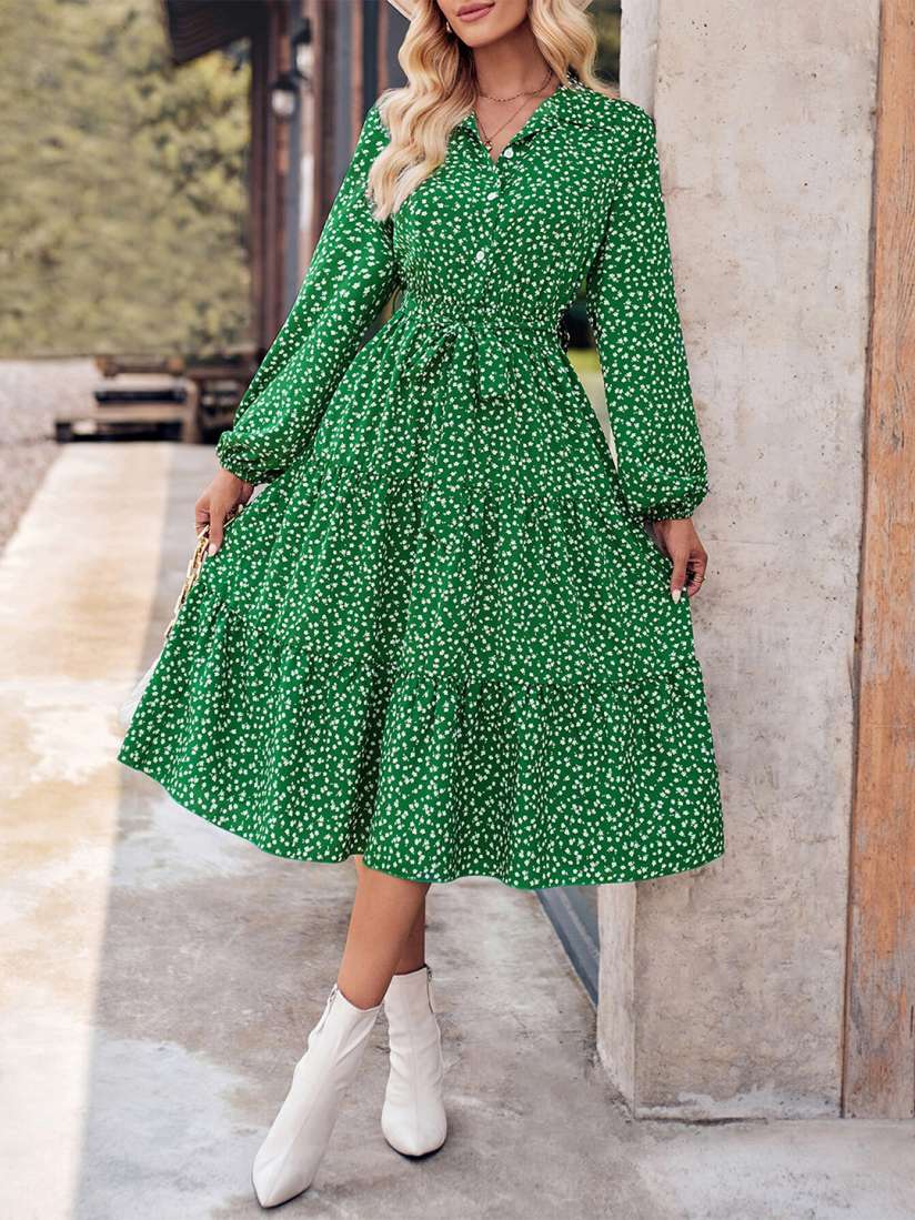 Green fit and flare dress with sleeves outlet