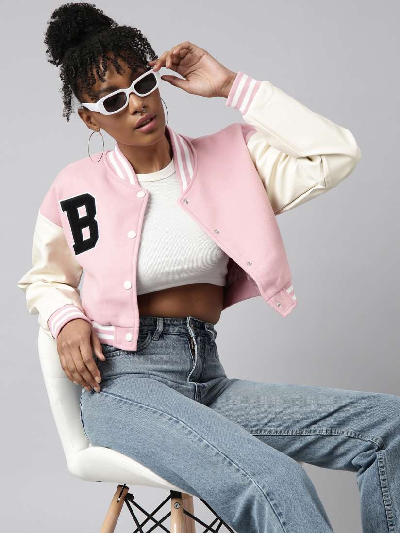 Buy SHOWOFF Colourblocked Fleece Windcheater Drop Shoulder Oversized Crop Varsity Jacket Jackets for Women 27029942 Myntra
