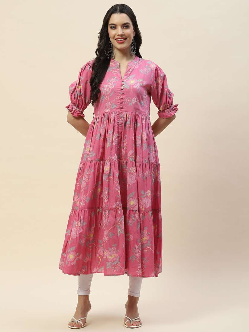 Buy Meena Bazaar Floral Printed Mandarin Collar Puff Sleeves Cotton Tiered Anarkali Kurta Kurtas for Women 27035368 Myntra