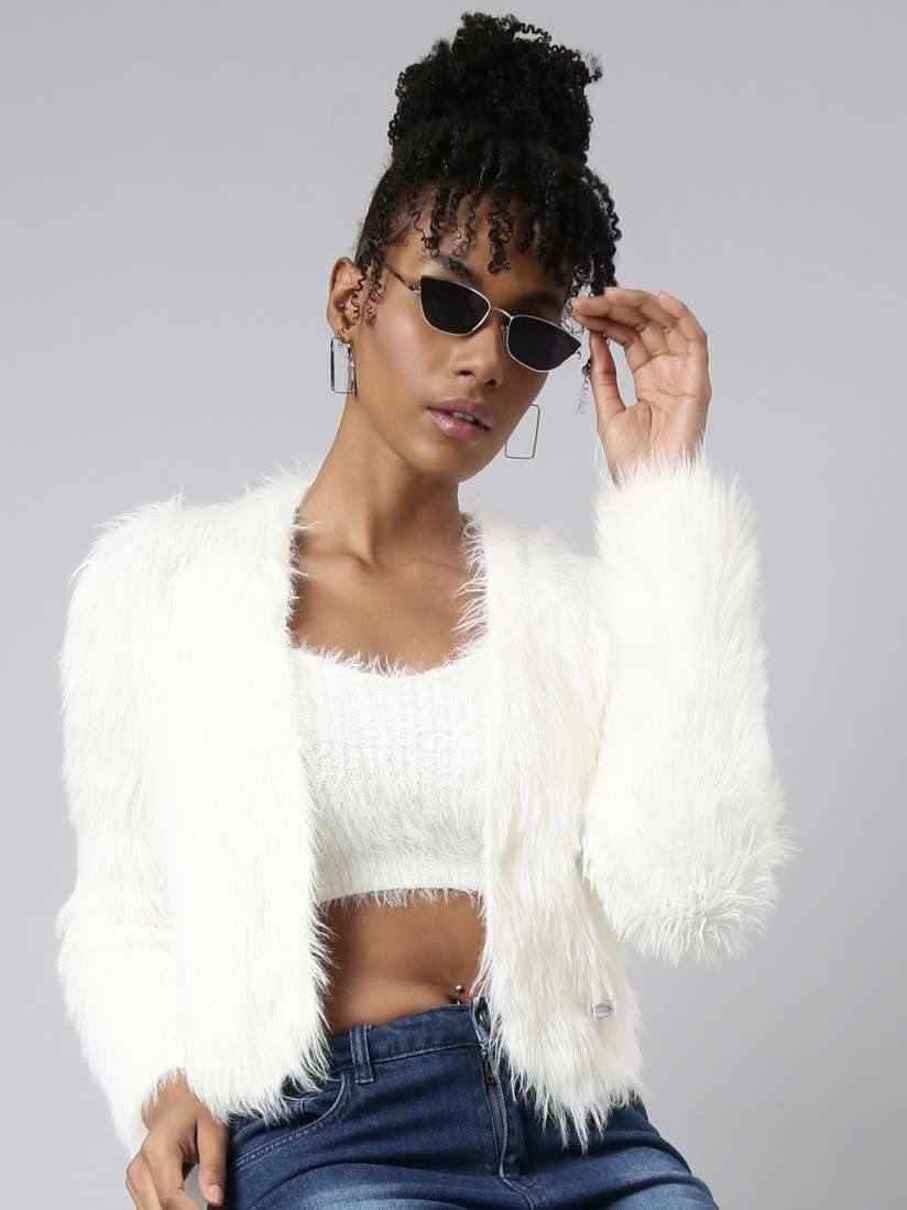 Buy SHOWOFF V Neck Long Sleeves Crop with Fuzzy Detail Sweater Sweaters for Women 27035634 Myntra