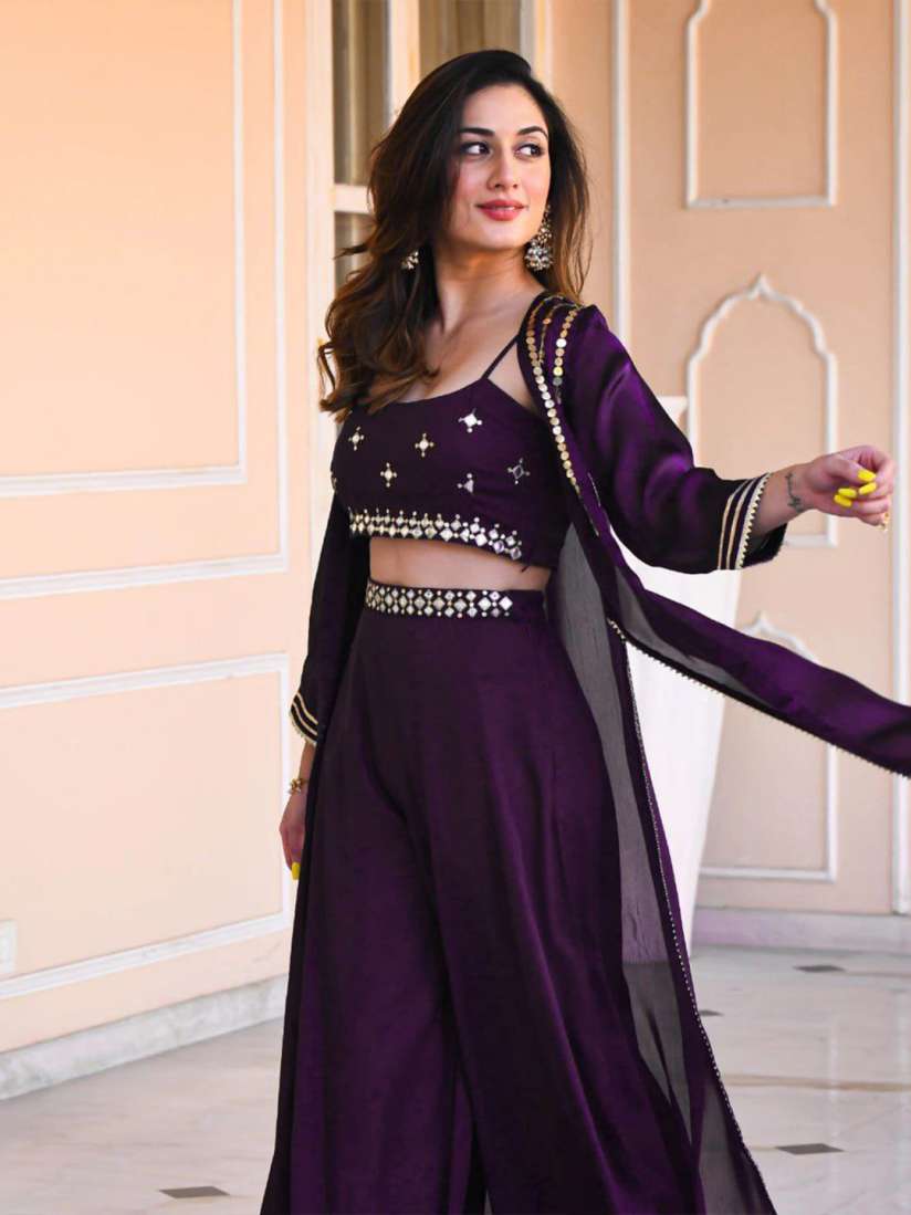 Buy Ashiya Fab Embellished Crop Ethnic Top With Palazzos Shrug Co Ords for Women 27039244 Myntra