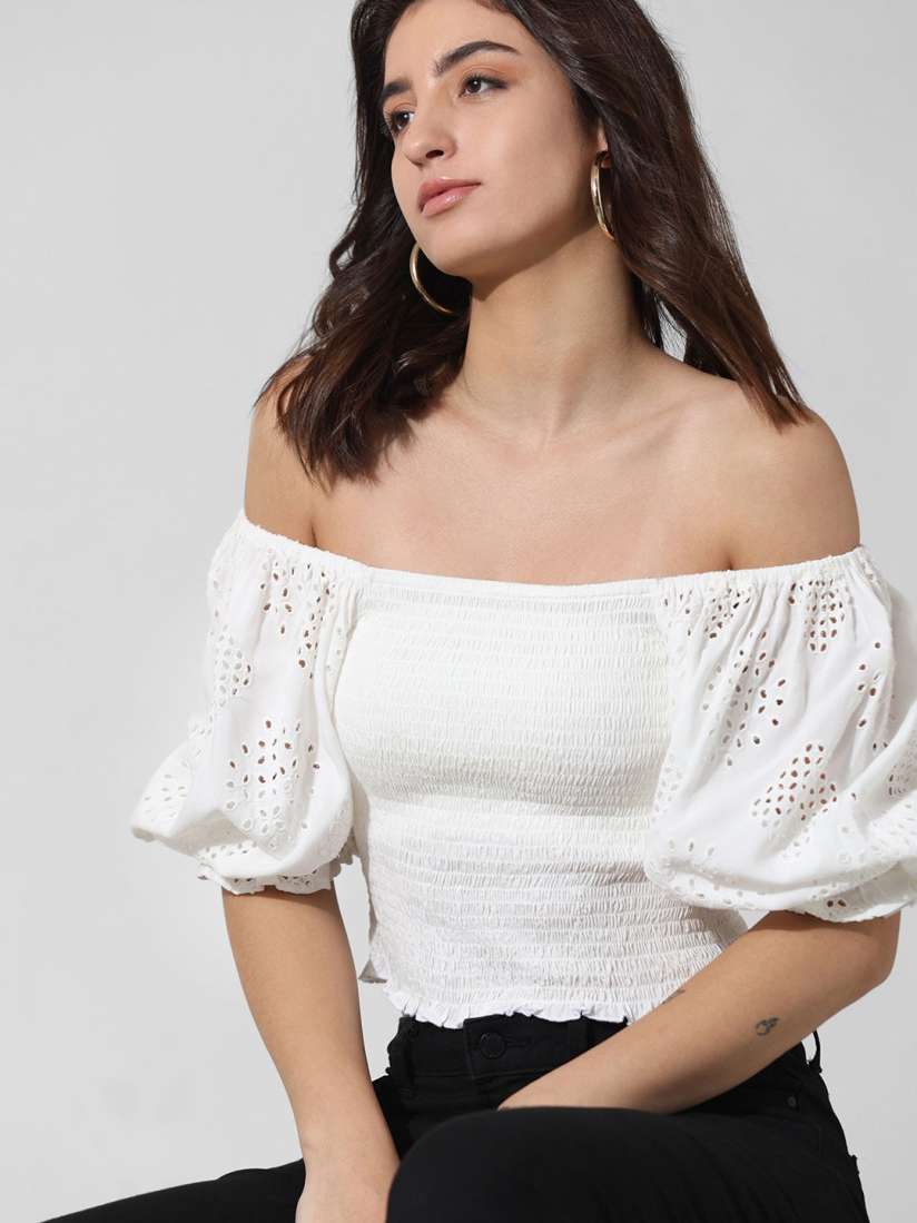 Puff sleeve bardot crop top 2025