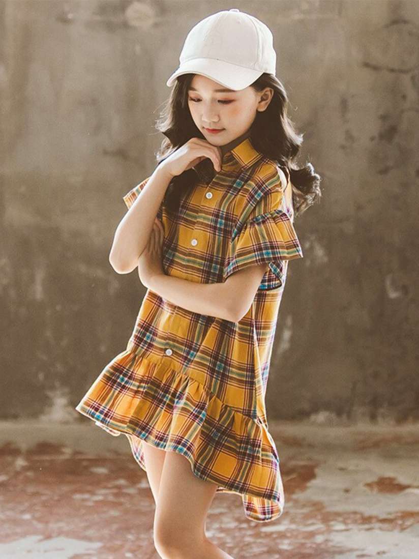 Girls checked shirt dress discount