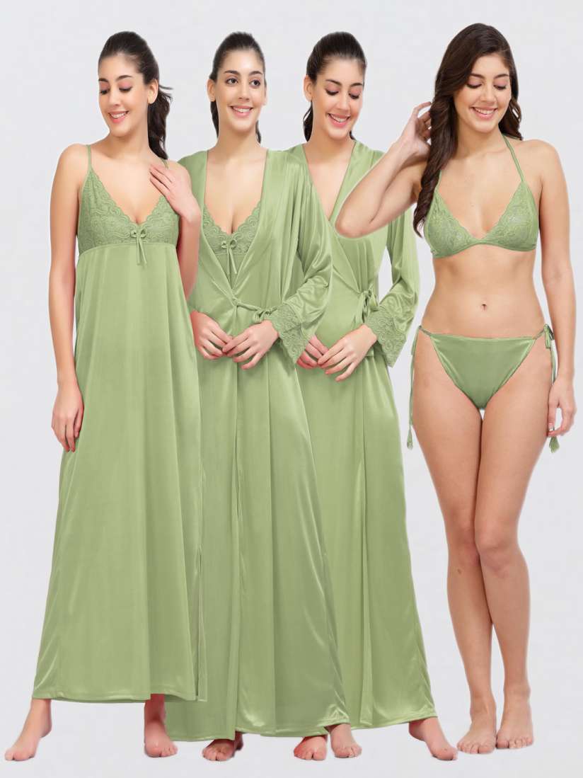 Buy NIGHT KEYS Pack Of 4 Lace Inserted Maxi Satin Nightdress With Robe Lingerie Set Nightdress for Women 27043566 Myntra