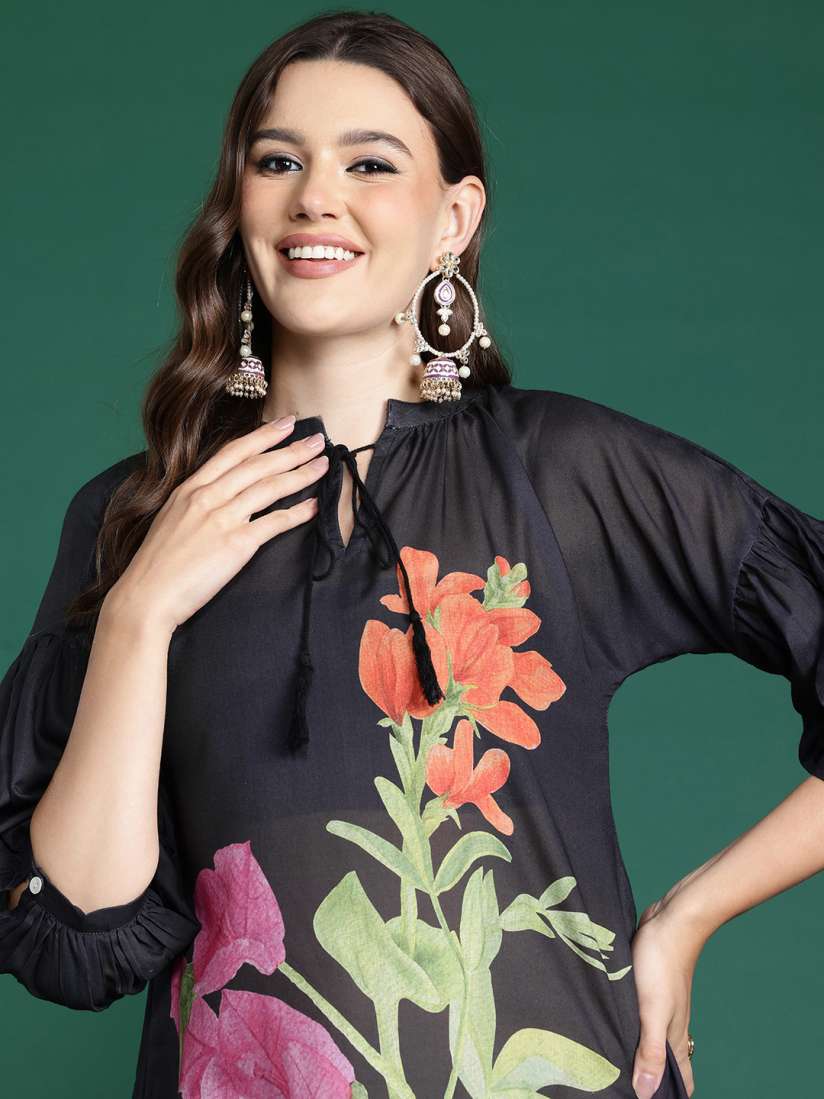 Buy Sangria Floral Print Tie Up Neck Kurta Kurtas for Women 27047598 Myntra