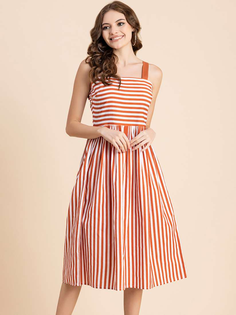 Buy Moomaya White Striped Shoulder Straps Fit Flare Midi Dress Dresses for Women 27049344 Myntra
