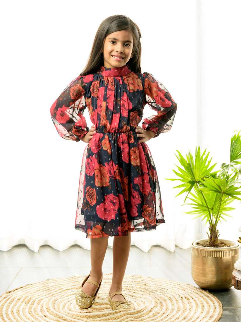 Buy Fairies Forever Girls Floral Printed High Neck Puff Sleeves Georgette Fit And Flare Dress Dresses for Girls 27056874 Myntra