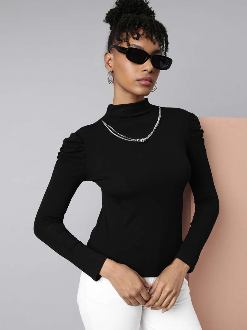Buy SHOWOFF High Neck Acrylic Fitted Top With Attached Chain Tops for Women 27061834 Myntra