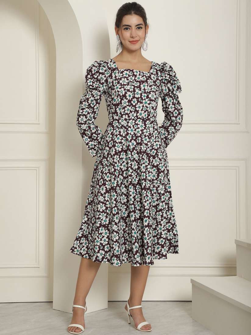 Buy Indian Needle Floral Printed Square Neck Fit and Flare Midi Dress Dresses for Women 27083490 Myntra
