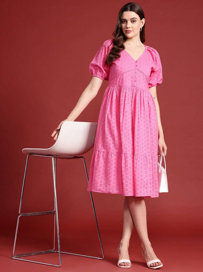 Buy all about you Cotton Schiffli Embroidered Puff Sleeves Tiered A Line Dress Dresses for Women 27092664 Myntra