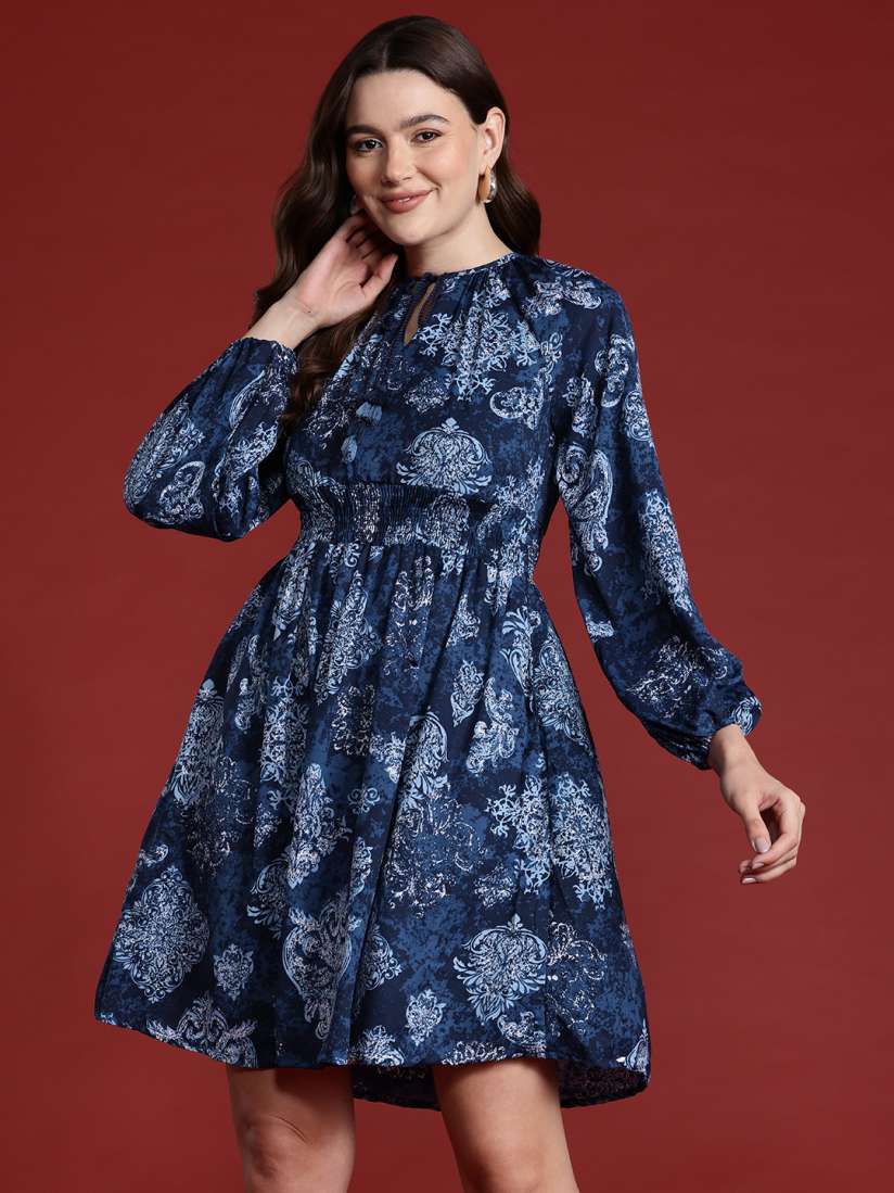 Buy all about you Ethnic Motifs Print Tie Up Neck Puff Sleeve Fit Flare Dress Dresses for Women 27092672 Myntra