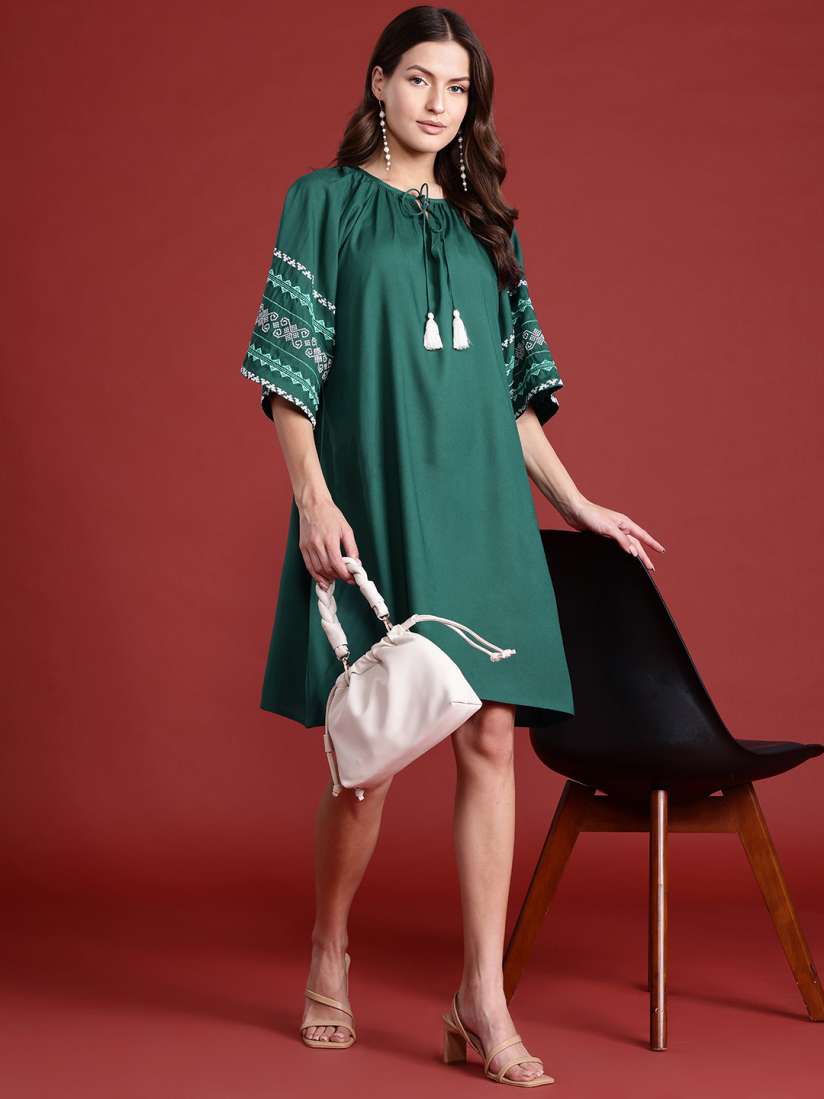 Buy all about you Embroidered Tie Up Neck Flared Sleeve A Line Mini Dress Dresses for Women 27092746 Myntra