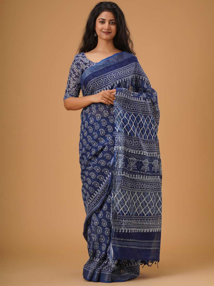 Buy JALTHER Ethnic Motifs Block Printed Zari Cotton Linen Saree Sarees for Women 27111180 Myntra
