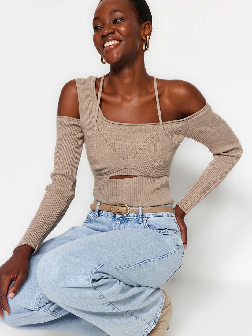 Cold shoulder fitted tops hotsell