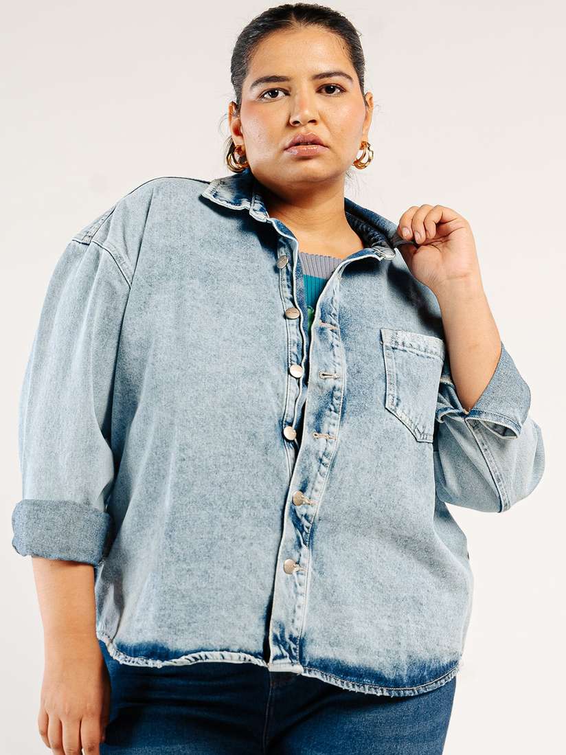 Buy FREAKINS Plus Size Washed Spread Collar Long Sleeves Cotton