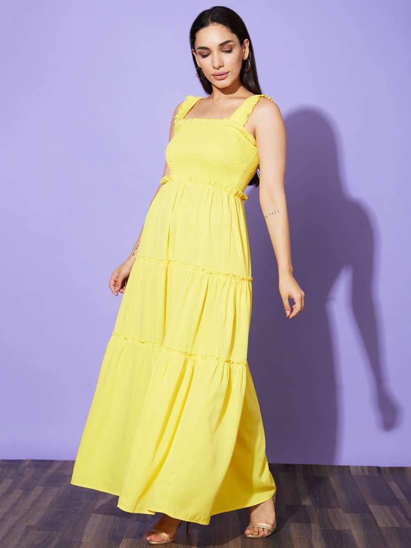 Buy Globus Yellow Georgette Shoulder Strap Tiered Fit Flare Dress Dresses for Women 27149448 Myntra