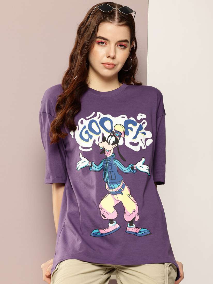 Buy Kook N Keech Disney Goofy Printed Drop Shoulder Sleeves Pure Cotton Oversized T shirt Tshirts for Women 27161636 Myntra