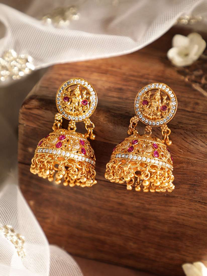 Buy Rubans 22k Gold Plated Goddess Laxmi Design Ruby CZ Studed with Gold Beaded Temple Jhumka Earrings for Women 27169942 Myntra